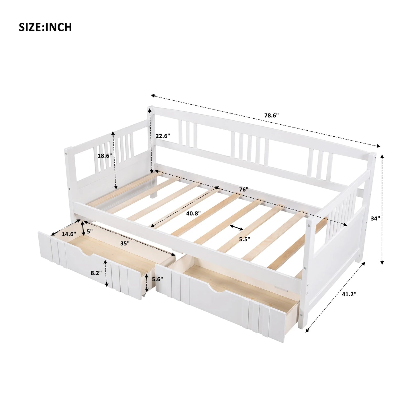 Daybed Wood Bed with Two Drawers in White