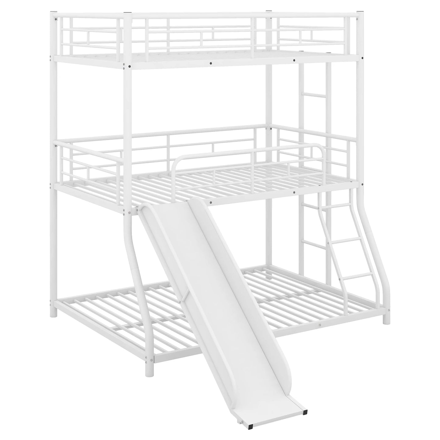 Full Triple Bunk Bed with Long and Short Ladder and Full Length Guardrails in Black