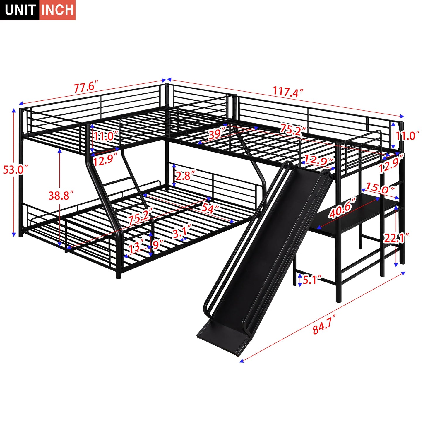 L Shaped Twin over Full Bunk Bed with Twin Size Loft Bed Built in Desk and Slide in Black