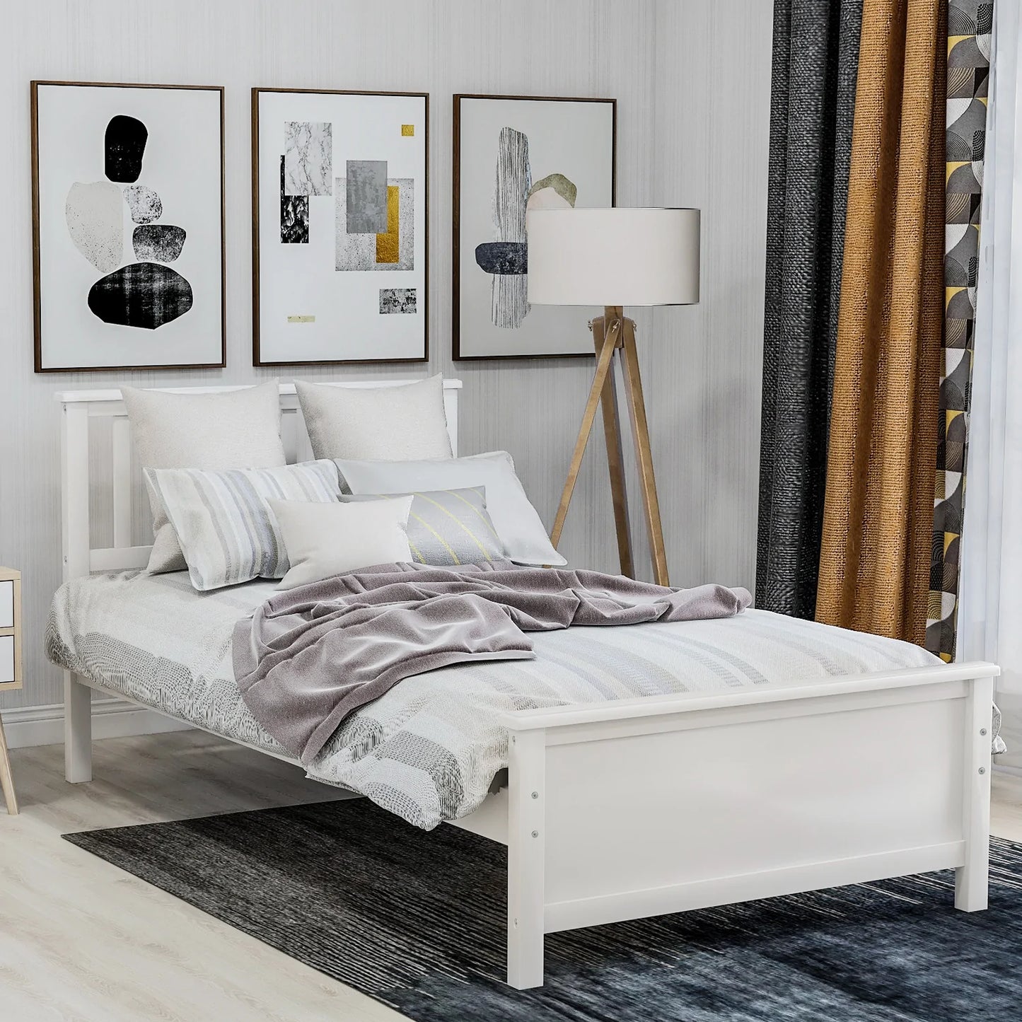 Wood Platform Bed Headboard Footboard Wood Slat Support in White