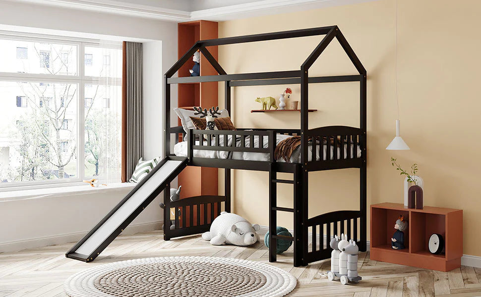 Twin Loft Bed with Slide in Espresso