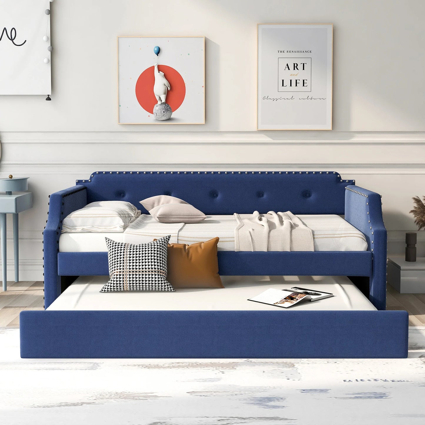 Wood Slat Support Upholstered Frame Sofa Bed Twin in Blue