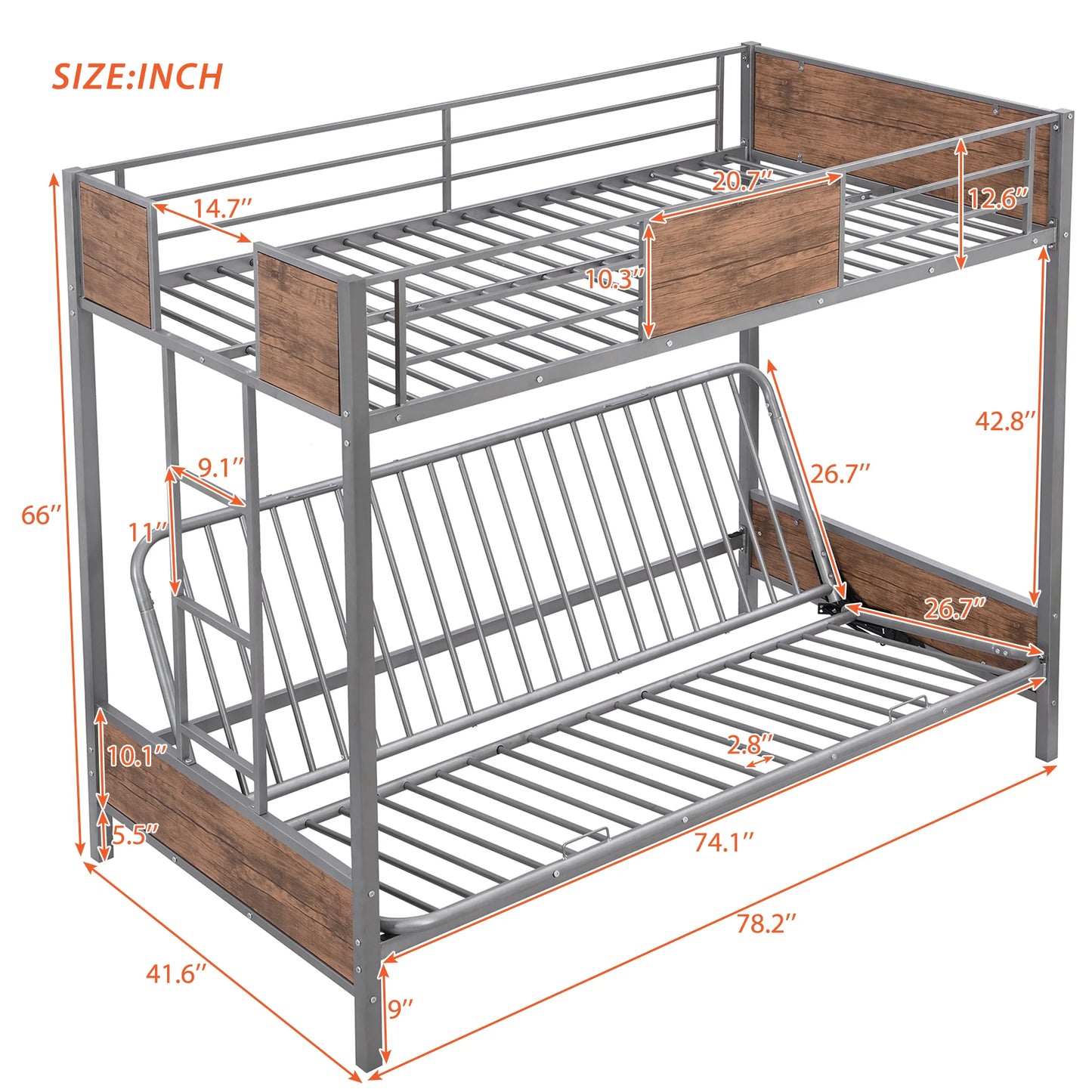 Bed with Guardrails and Ladder in Twin Over Full Futon Bunk Gray