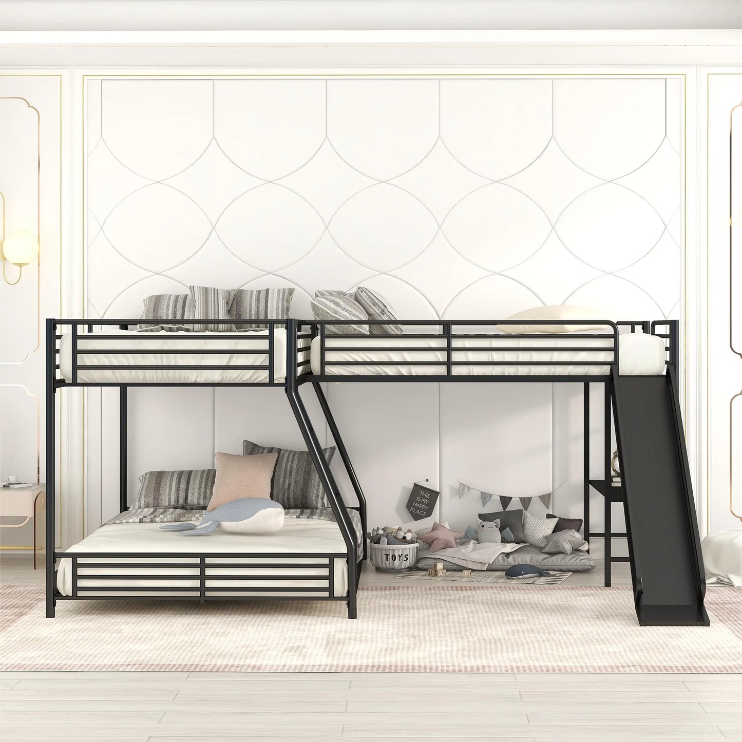 L Shaped Twin over Full Bunk Bed with Twin Size Loft Bed Built in Desk and Slide in Black