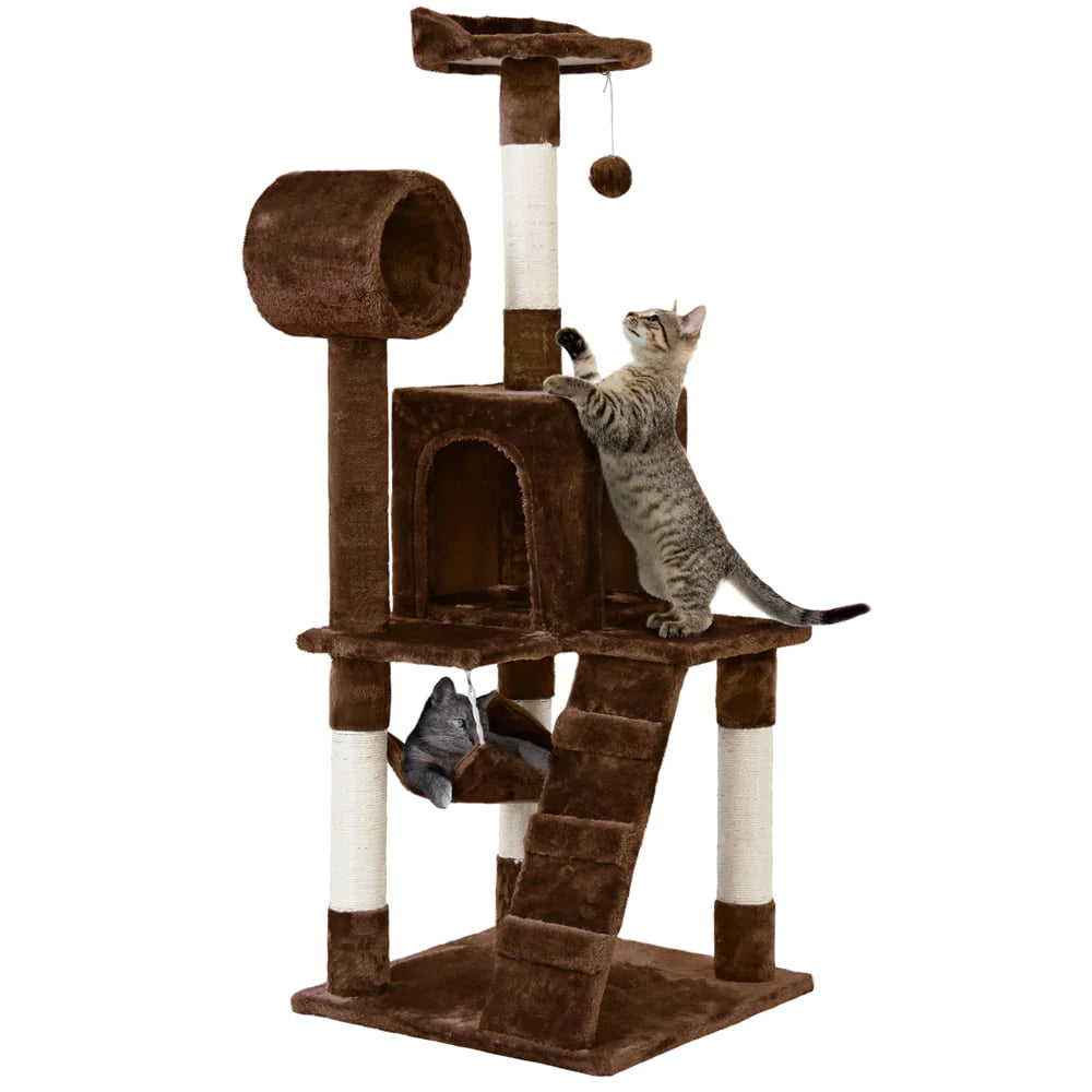 Cat Tree with Hammock and Scratching Post Tower in Brown