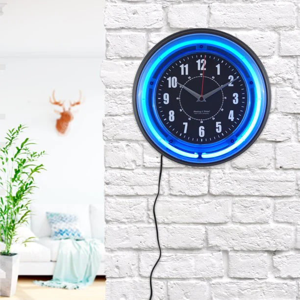 Vibrant Blue Neon Analog Wall Clock 11 Inches