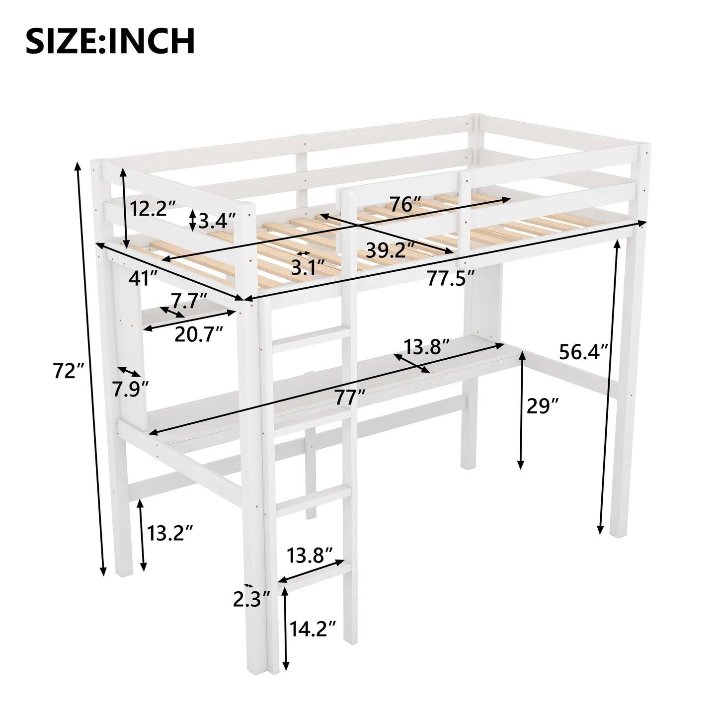 Loft Bed with Convenient Desk Shelves and Ladder Twin Size in White