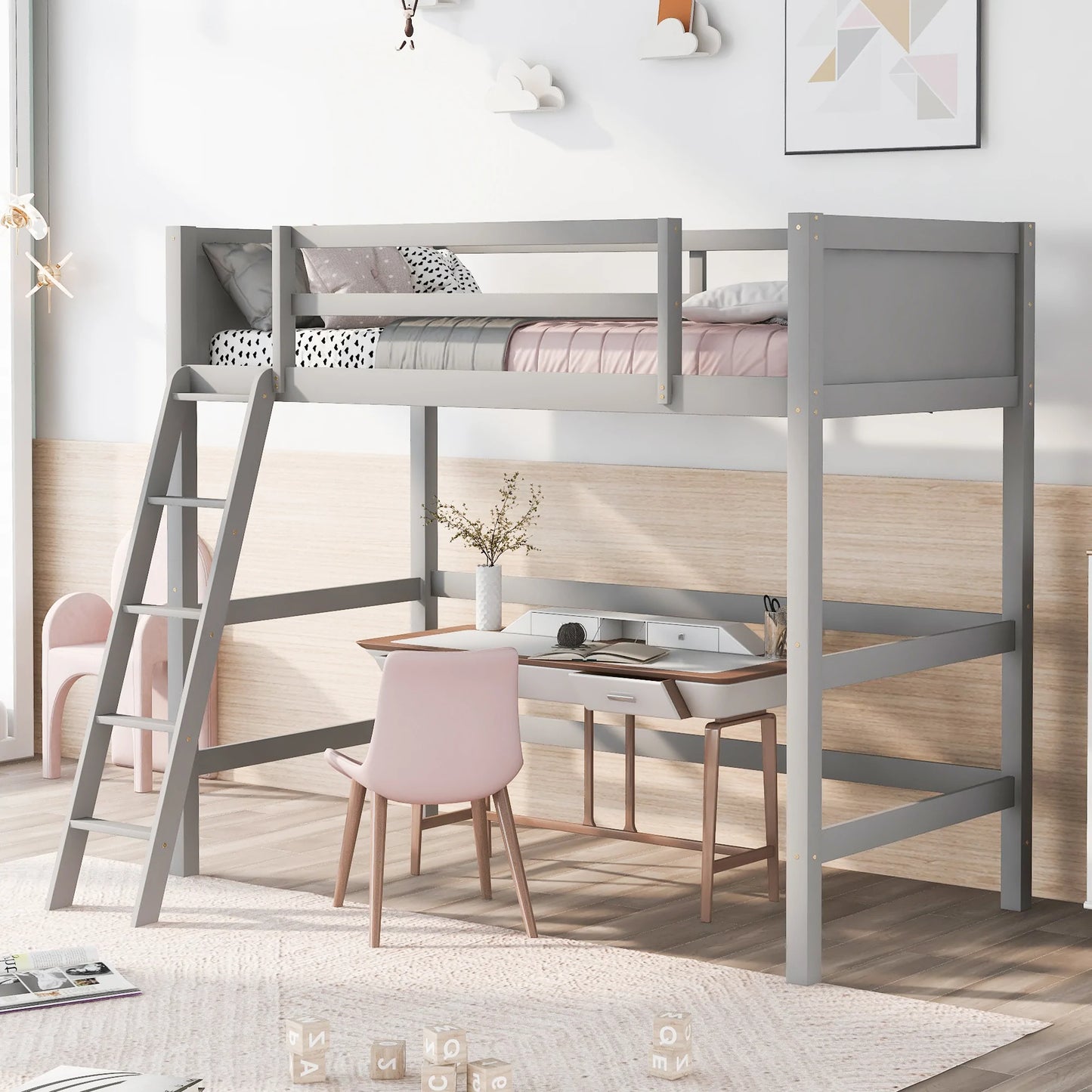 Solid Wood Twin Size Loft Bed with Ladder in Gray