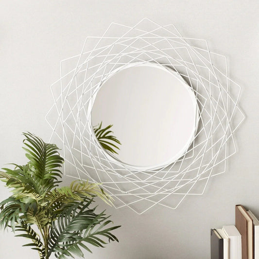 Mirror in White Metal Geometric Glass Stylish Wall Mount