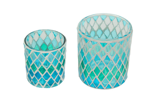 Candle Holders Set of 2 Coastal Blue with Green Mosaic Glass
