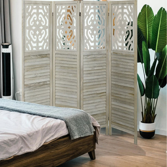 Room Divider 4 Panel Cutout Room Screen Folding Wood White