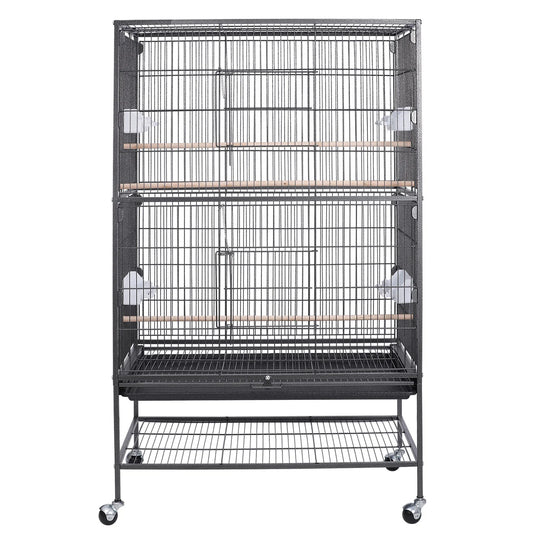 Pet Cage with Wooden Bars Feeding Trays in Black