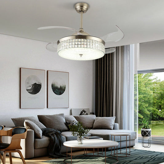 Chandelier LED Ceiling Fan Light Retractable Crystal Lamp with Remote