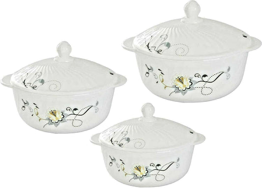 Food Bowls Set With Lids Floral Design Opal Glass 3 Pieces
