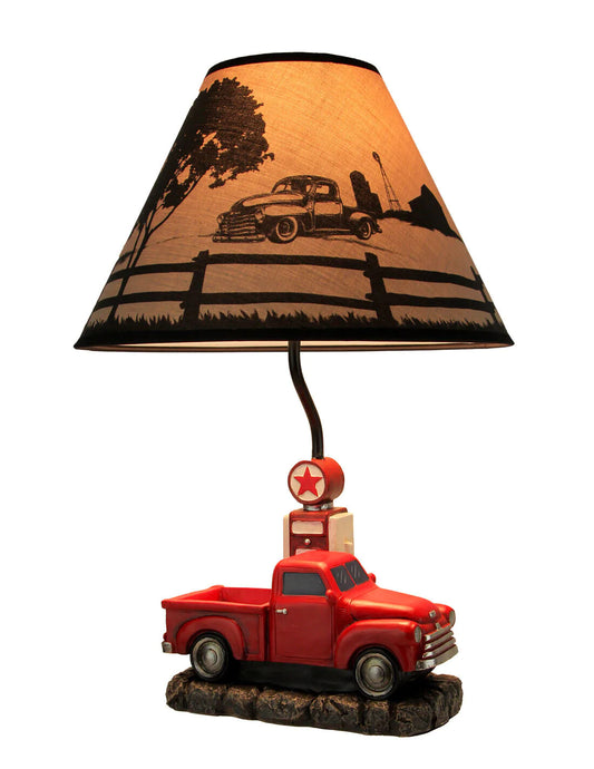 Table Lamp with Printed Shade Truck At Gas Pump Rustic Red