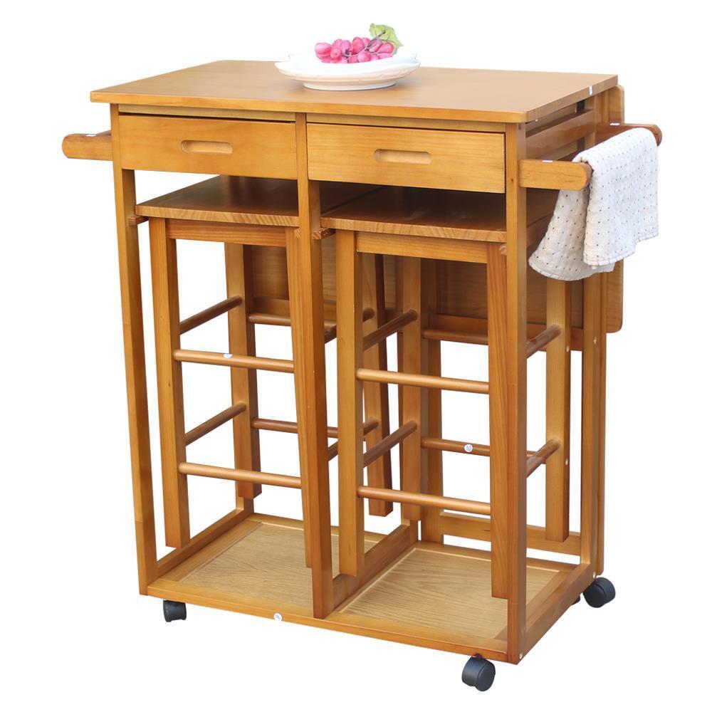 Kitchen Island Cart Trolley Table 2 Drawers Brown 3 pieces